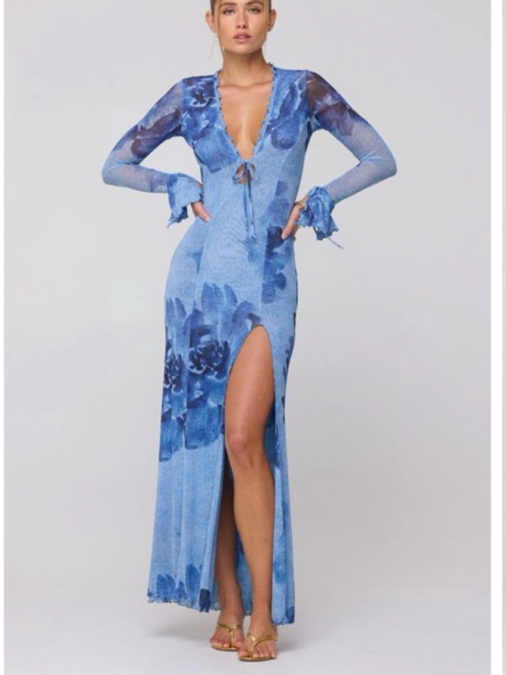 RESA Lennon Blue Floral Tie-Front Maxi Dress with High Slit NWT